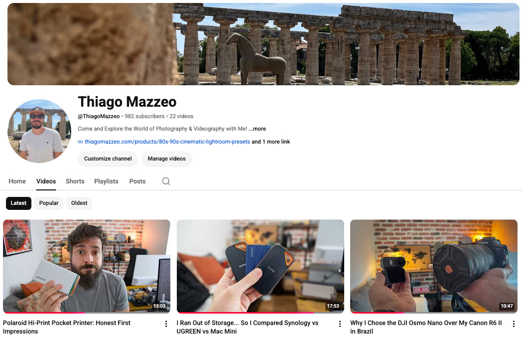 A screenshot of a YouTube channel page for Thiago Mazzeo, showing the channel banner with a landscape photo, profile picture, and three video thumbnails below.
